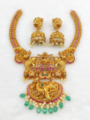 Lakshmi Necklace with Peacock pendant with Earrings - NN0069