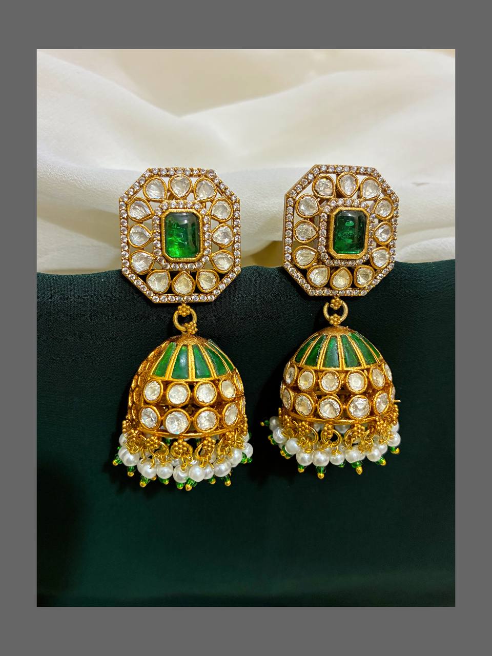 Emerald white Jhumki in Jadau - KE00194