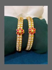 Jadau White Bangles with Pink Flower - BG0046