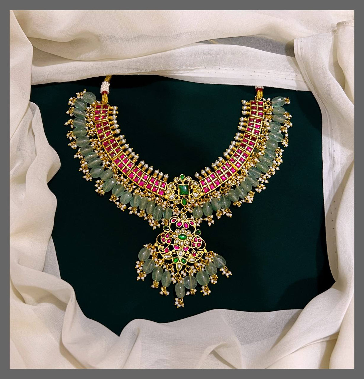 Square Shaped Jadau Necklace with Strawberry Beads - KN00370