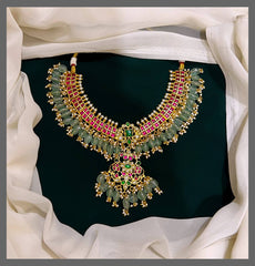 Square Shaped Jadau Necklace with Strawberry Beads - KN00370