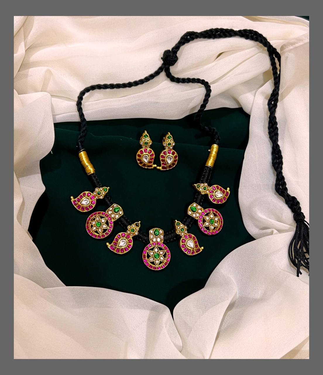 Beautiful Pink Flower And Mango Necklace In Black Dori - BD0049