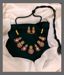 Beautiful Pink Flower And Mango Necklace In Black Dori - BD0049