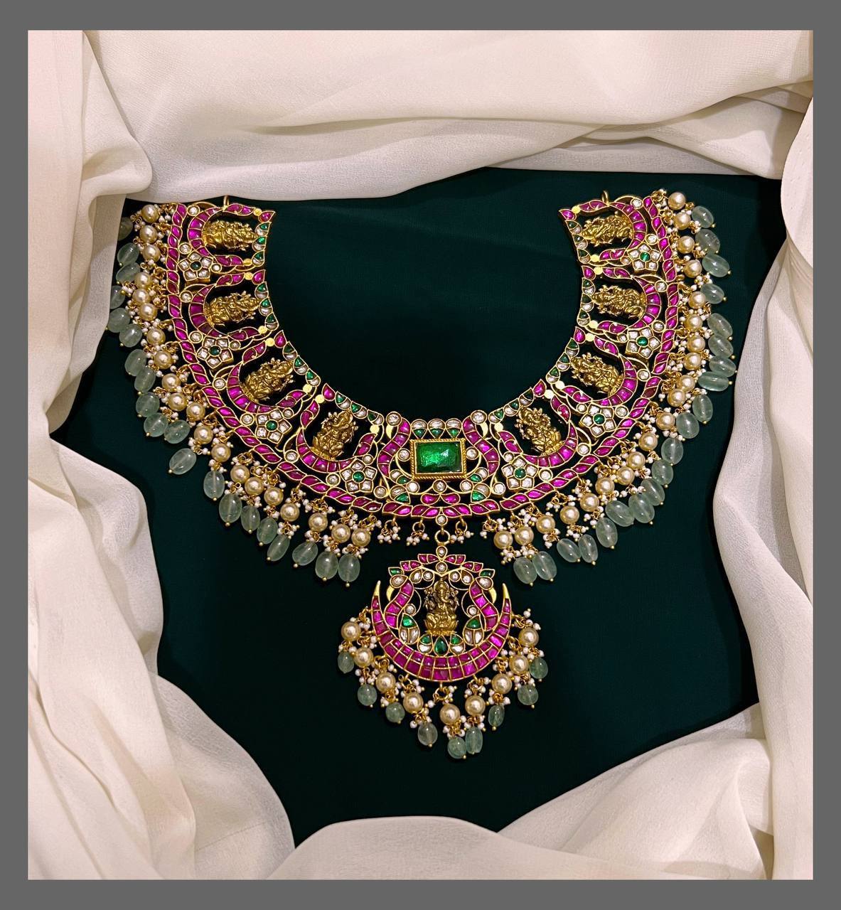Jadau Ganesha Necklace With Swaroski Pearls - KN00342