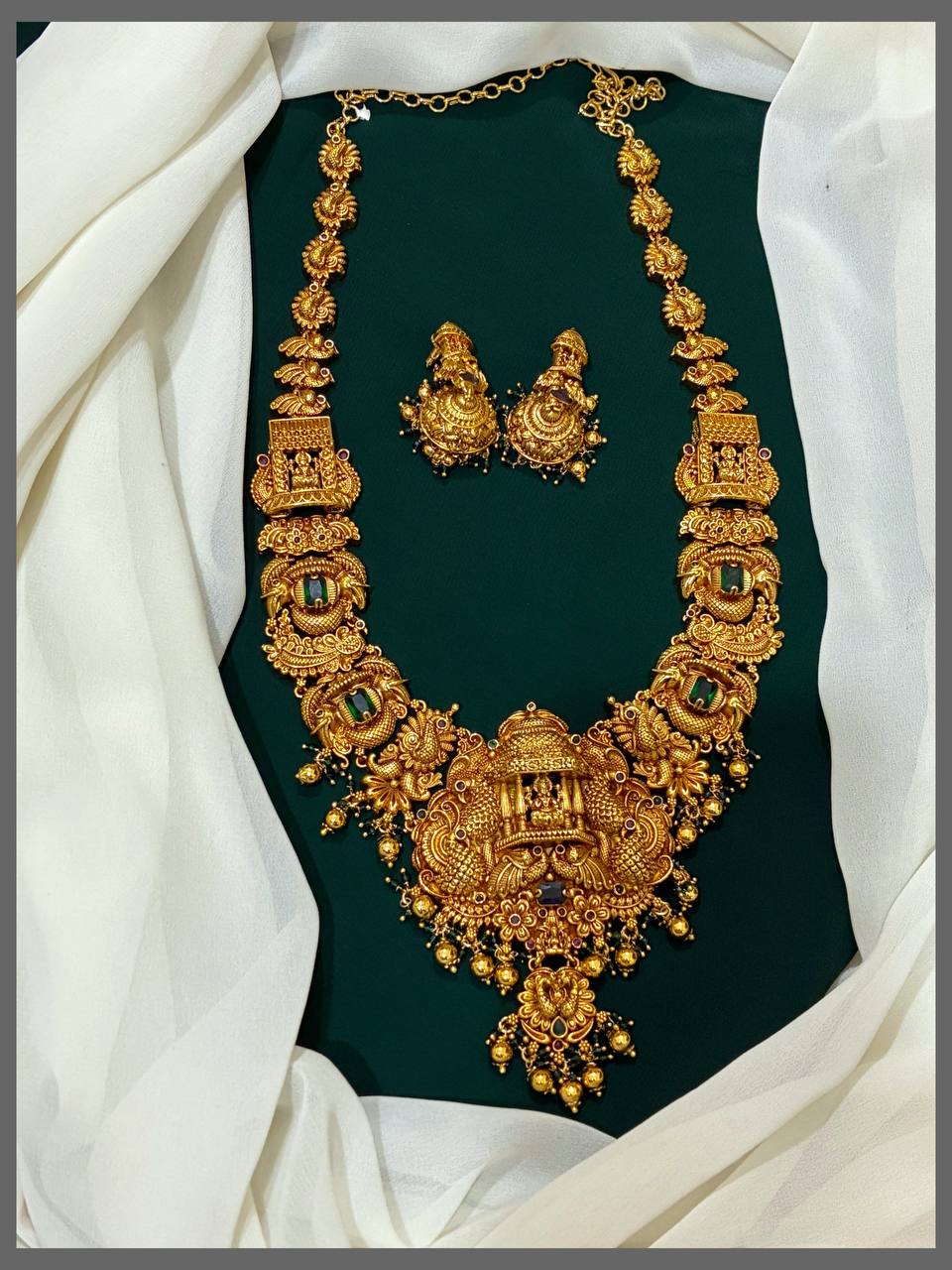 Antique Lakshmi and Peacock Haram With Emerald Stone In Nakshi - NH00236