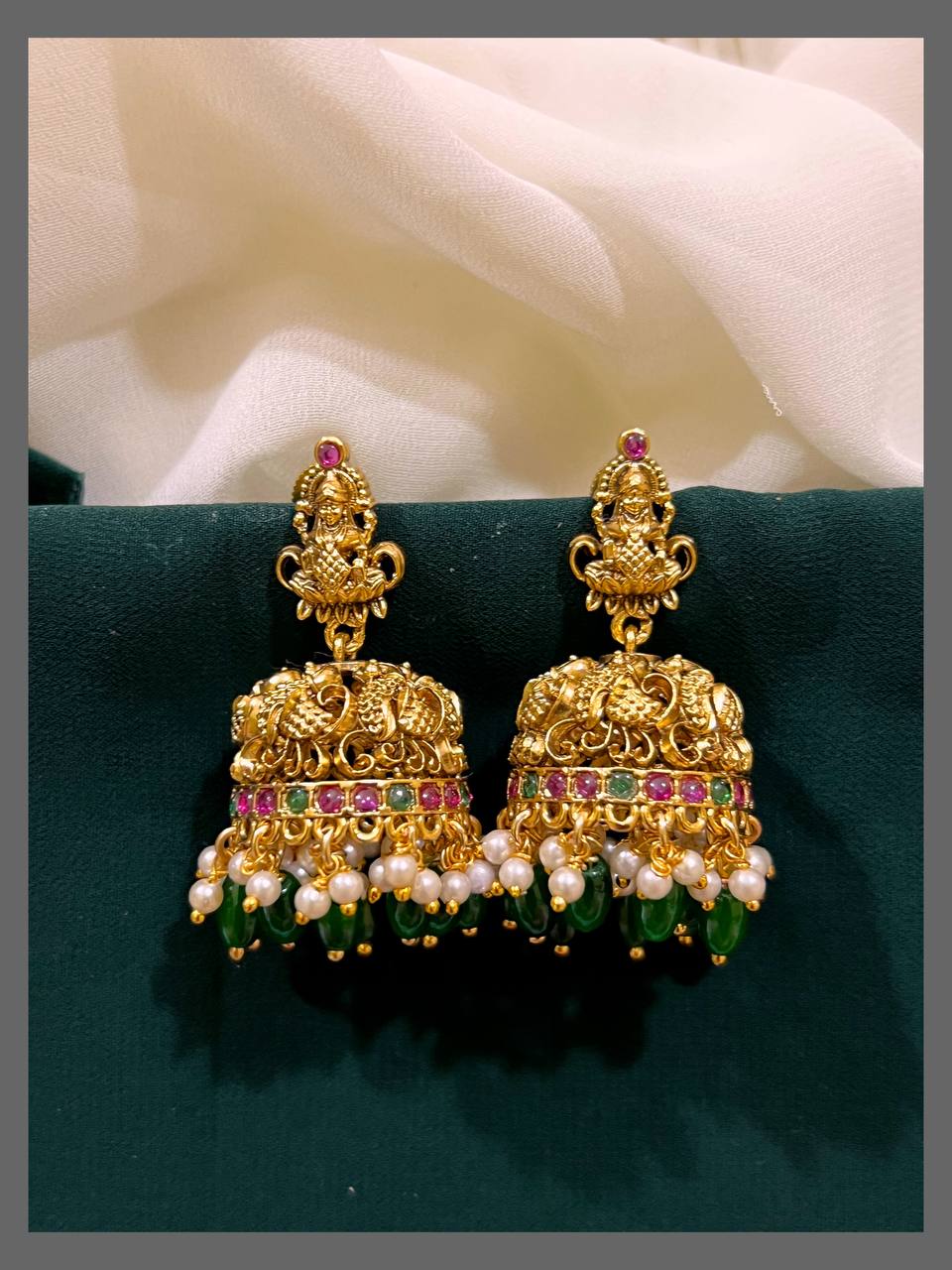 Beautiful Lakshmi Jhumki With Emerald Pearls In Nakshi - NE00426