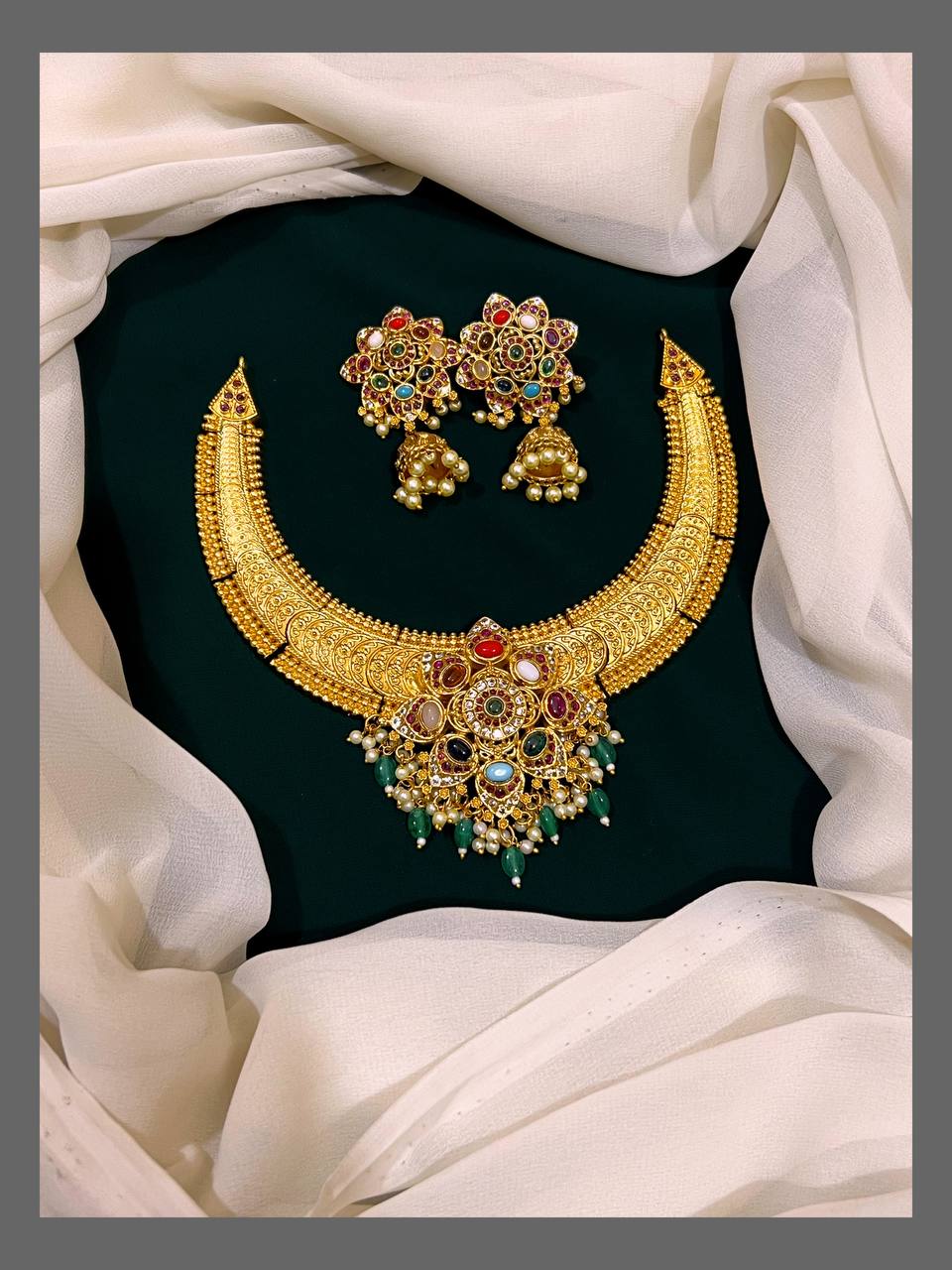 Multi Flower Navaratna Necklace With Jhumki In Nakshi - NN00354