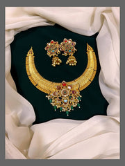 Multi Flower Navaratna Necklace With Jhumki In Nakshi - NN00354