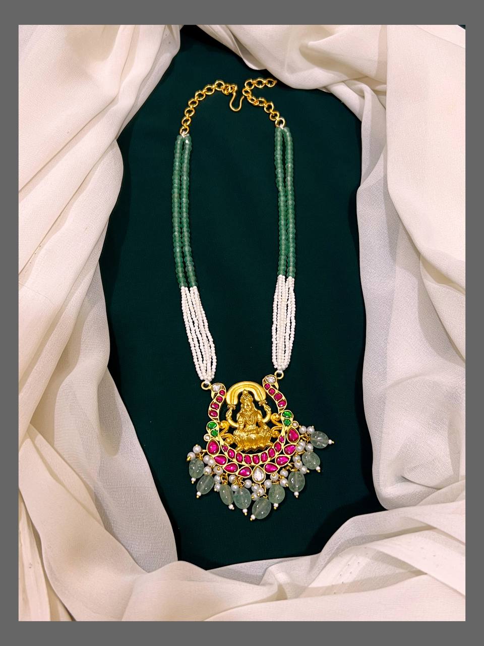 Green and White Beads With Lakshmi Kundan Pendent - PB00107