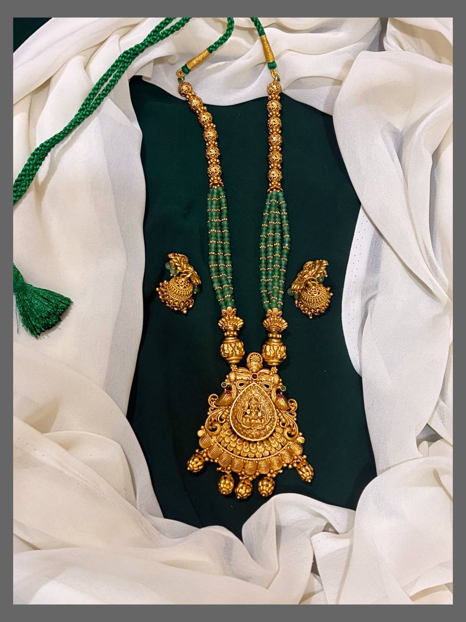 Green Beads With Peacock and Lakshmi Pendent - PB00114