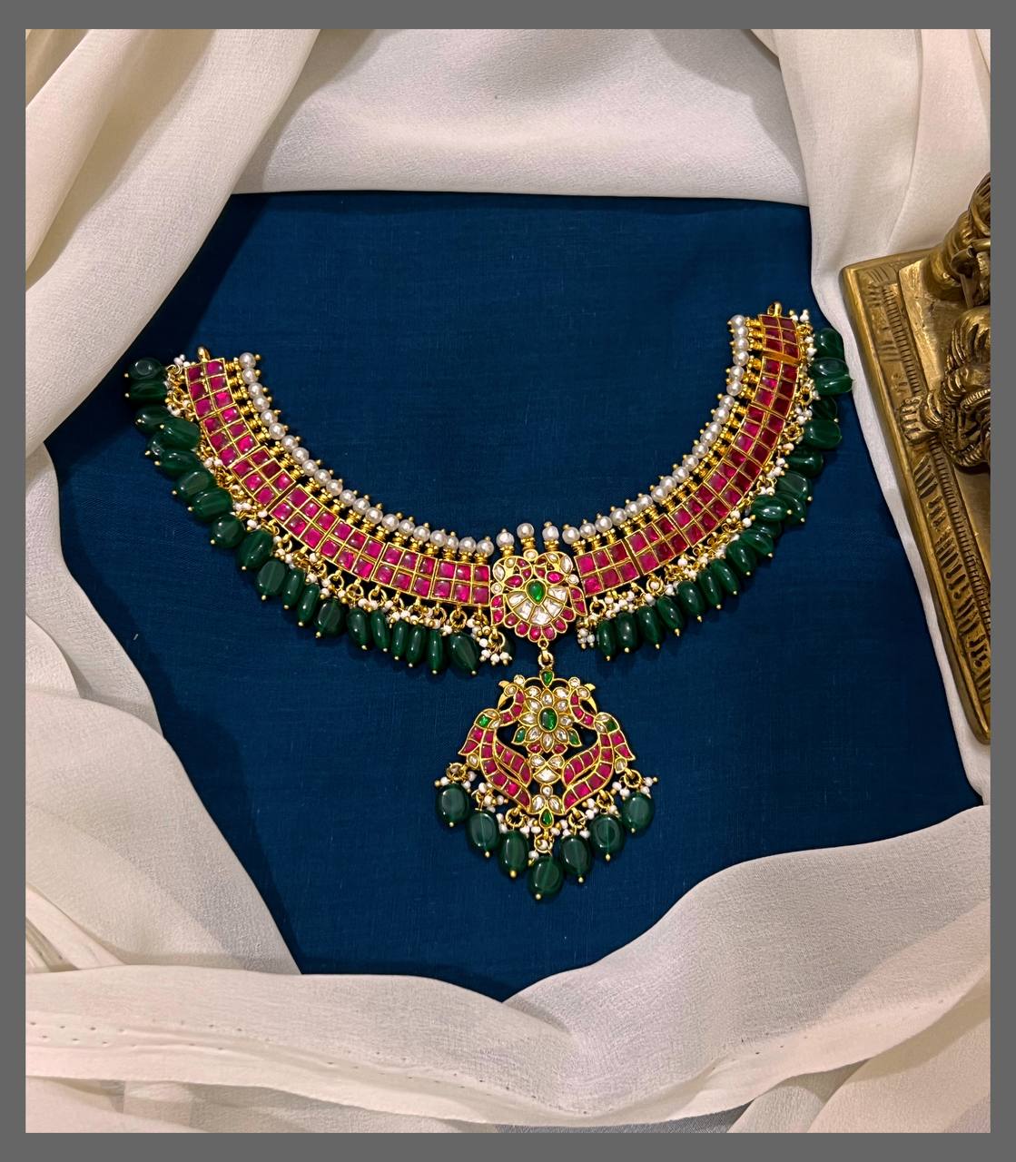 Ruby Kundan Necklace With Emerald Pearls - KN00472