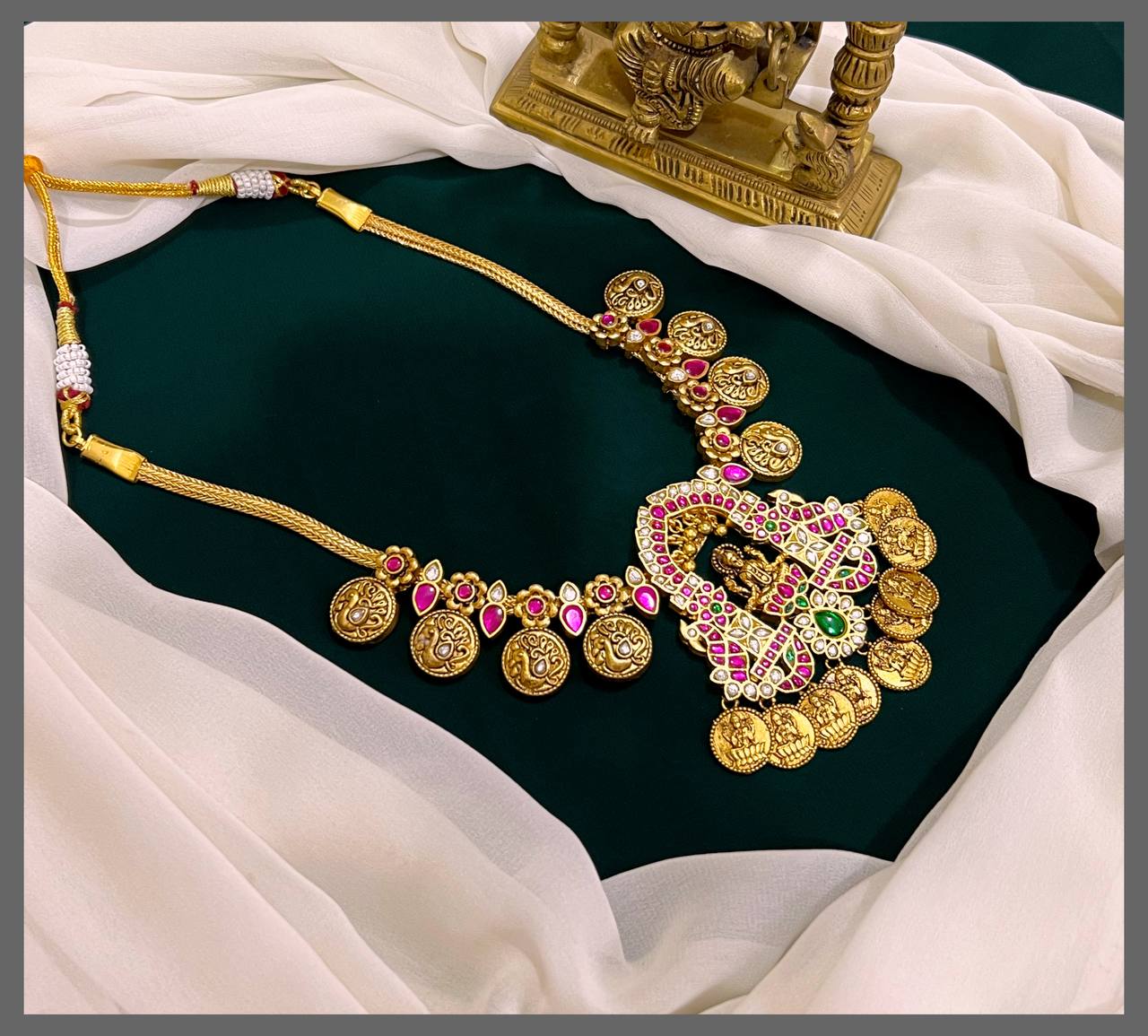 Peacock and Lakshmi Kasu Necklace With Lakshmi Pendent - KN00473