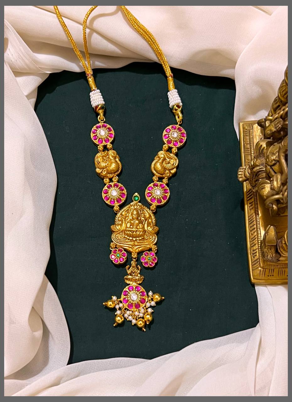 Ruby Flower and Peacock Necklace With Lakshmi - KN00483