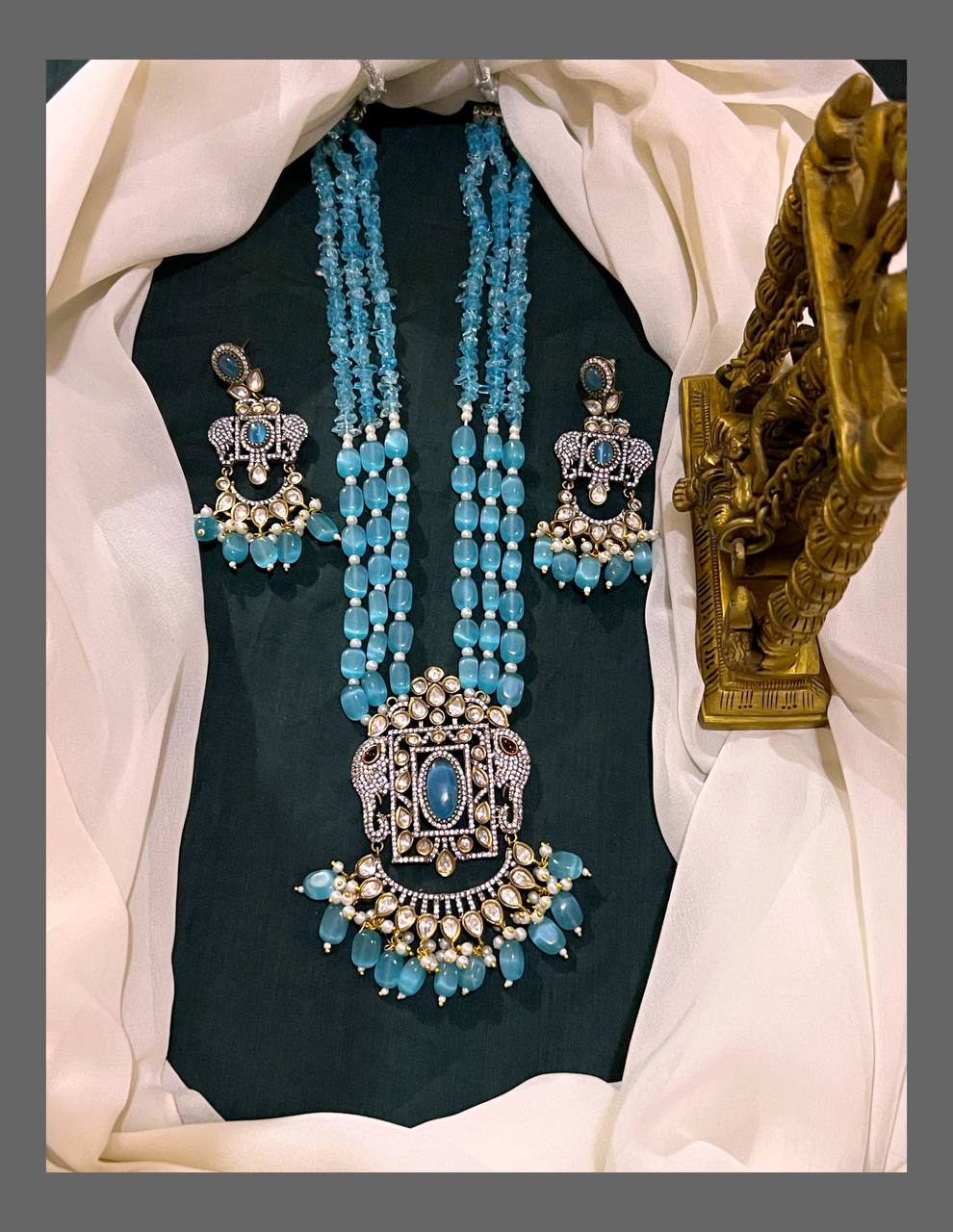 Sky Blue Pearl Haram With Elephant Pendent - PB00218