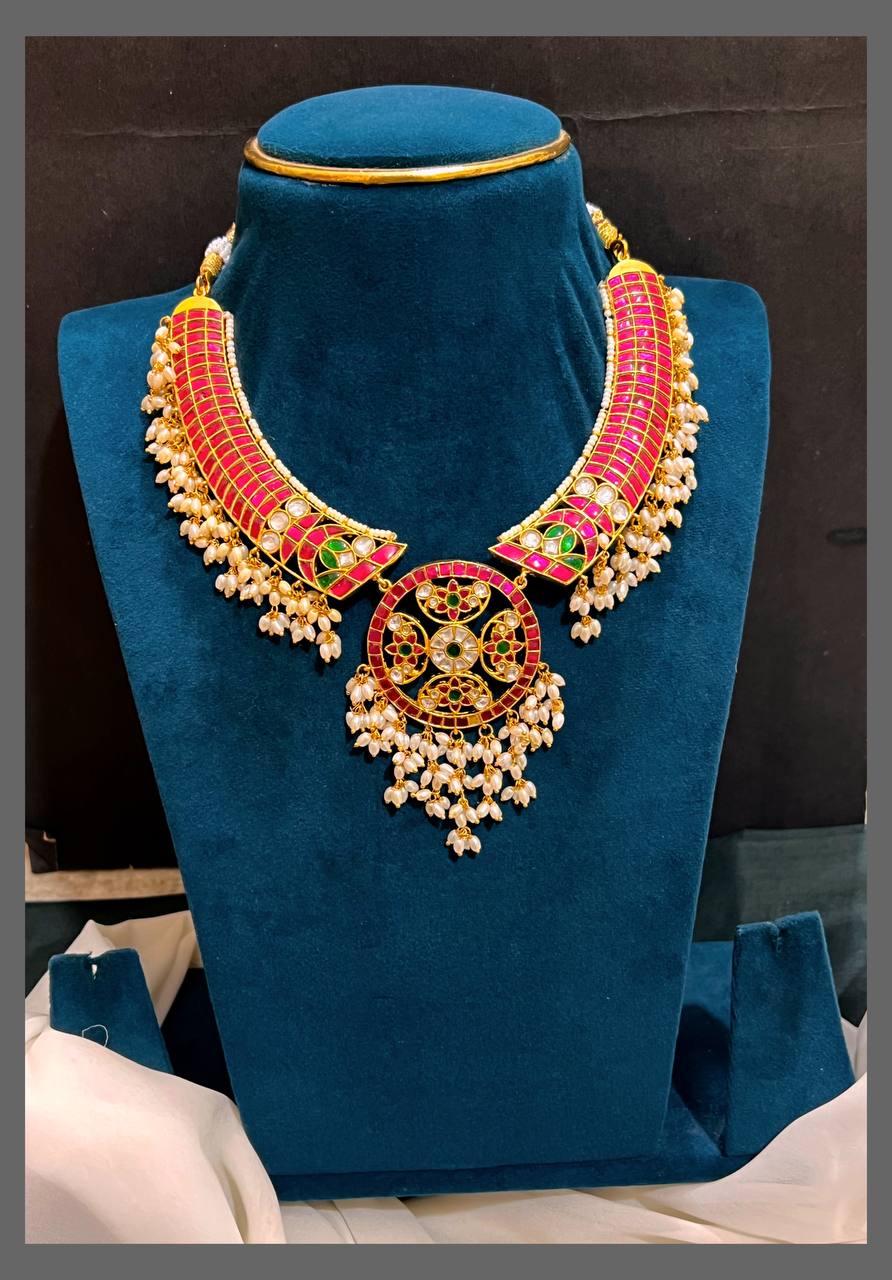 Rich Elegant Rice Pearl with Ruby Necklace in Kundan - KN00507