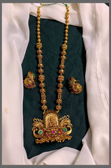 Beautiful Lakshmi and Peacock Kundan Pendant with Golden Beads - PB00271
