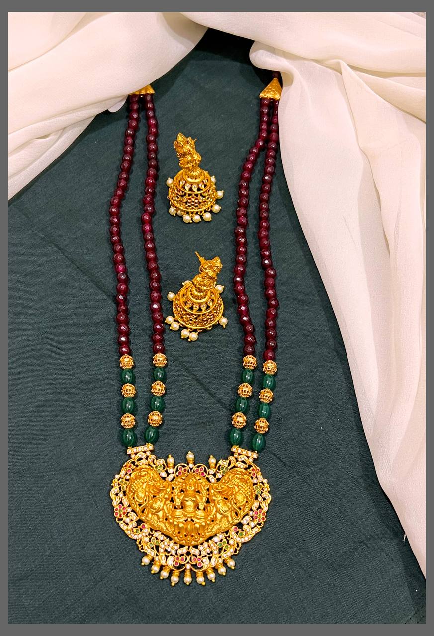 Marron and Green Pearl Haram With Lakshmi Pendant - PB00341