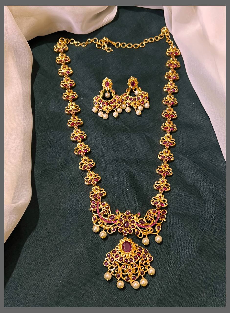 Ruby Flower Haram with Pendant in Nakshi - NH00314
