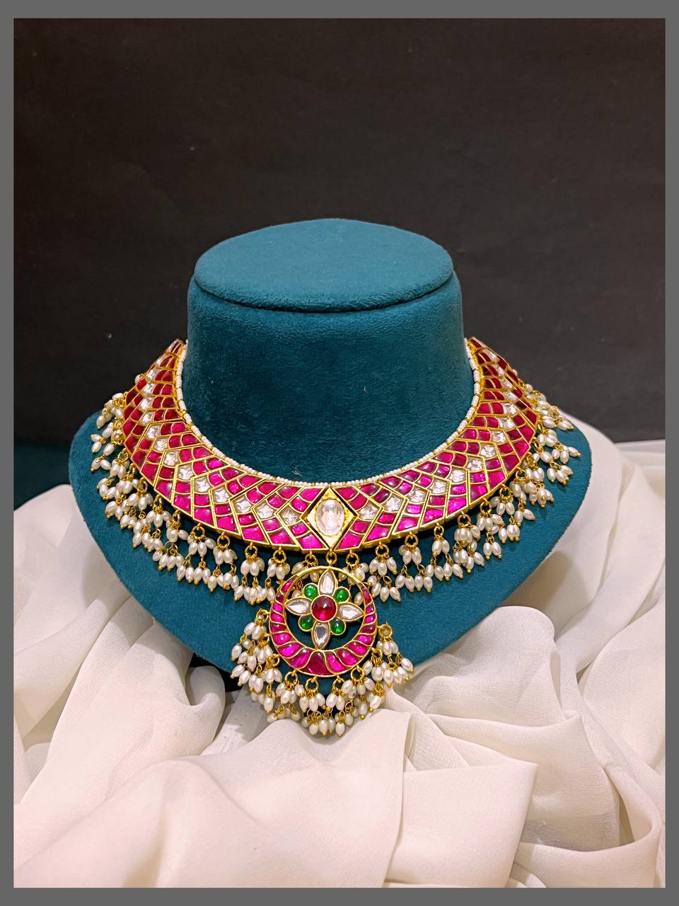 Ruby Kundan Necklace With Rice Pearls - KN00523