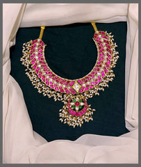 Ruby Kundan Necklace With Rice Pearls - KN00523