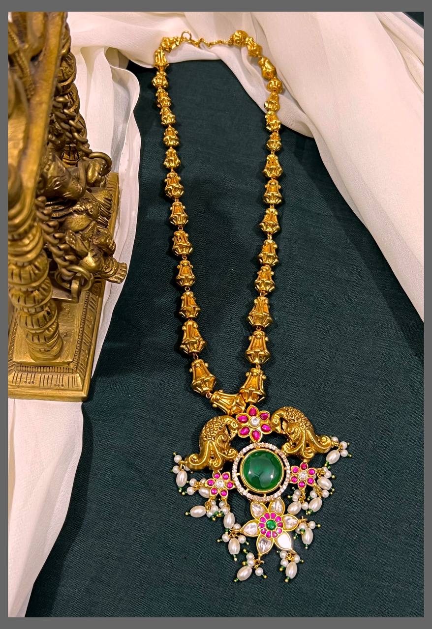 Beautiful Rice Pearl Pendant with Peacock in Kundan -KH00324