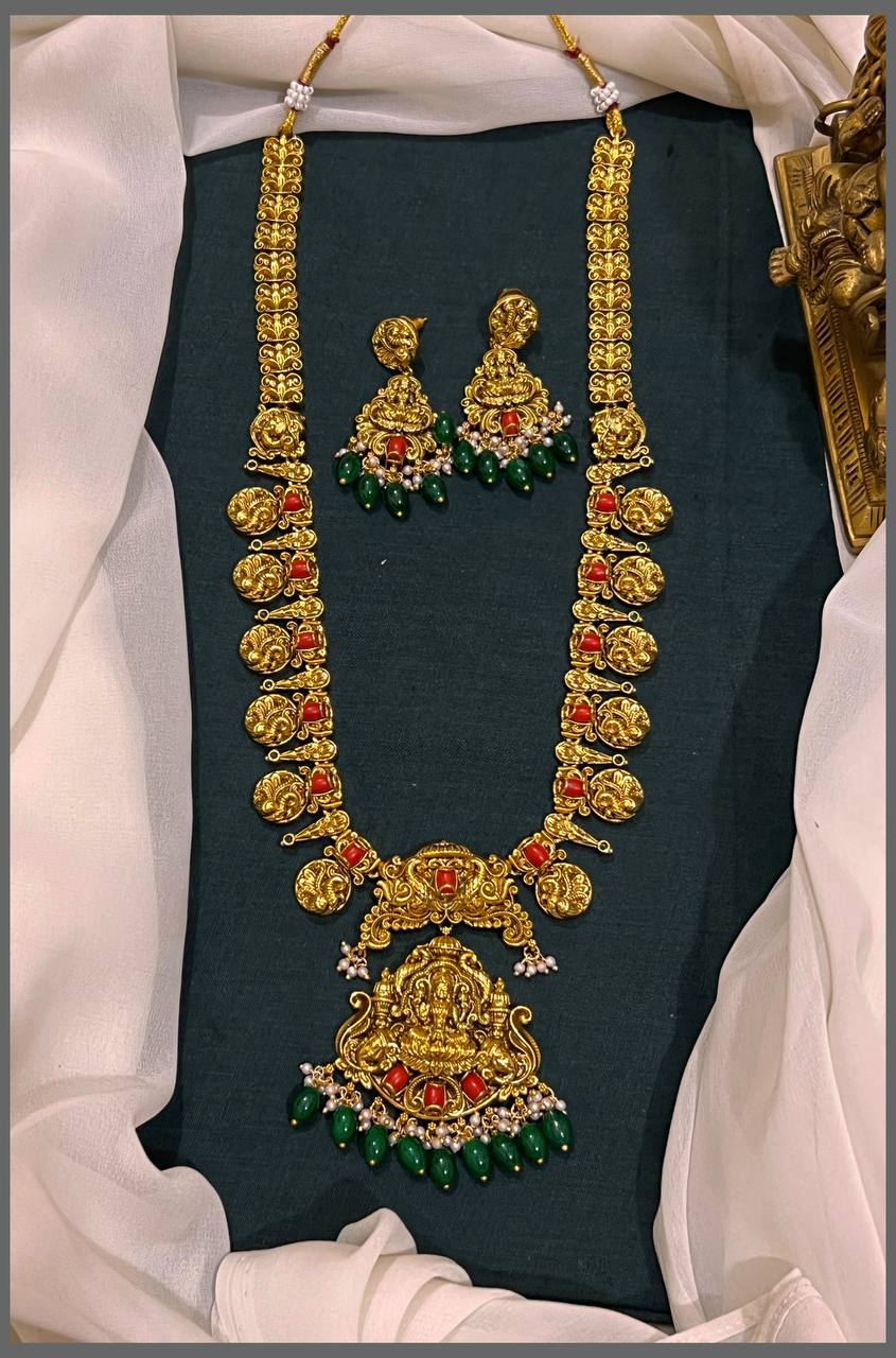 Rich Coral Lakshmi Pendant with Peacock Kassu Haram in Nakshi - NH00326