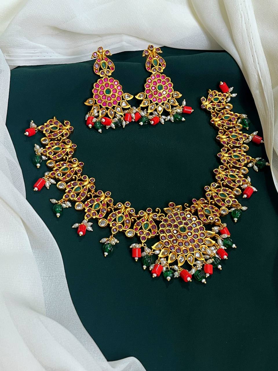 Kempu Flower and Peacock Necklace In Nakshi - NN00653