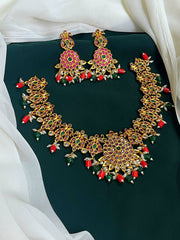 Kempu Flower and Peacock Necklace In Nakshi - NN00653