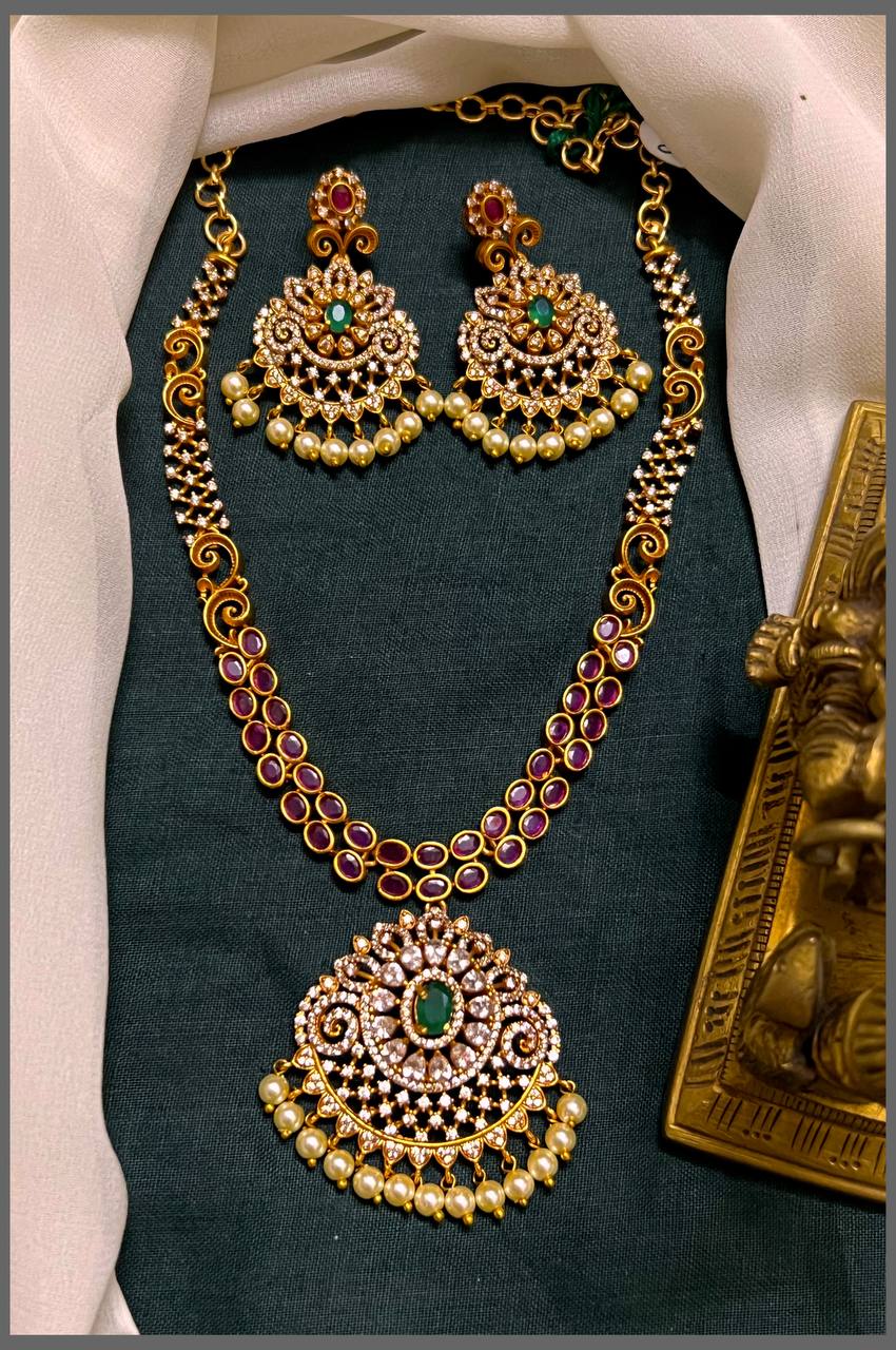 Beautiful White and Ruby Stone Necklace In Nakshi - NN00664