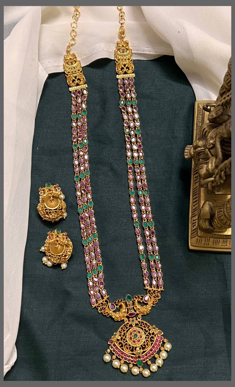 Multicolour Stone Haram With Peacock Pendant In Nakshi - NH00339