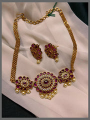 Ruby and White Stone Flower Choker In Nakshi - NN00680