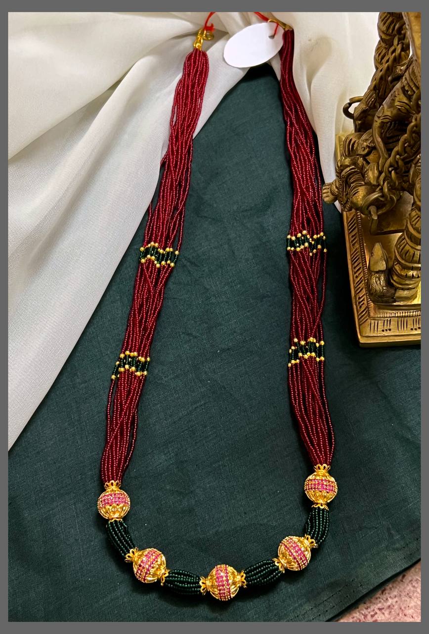 Multi Layer Marron Pearl and Green Pearl Haram with Big Ruby and Gold Beads - PB00455