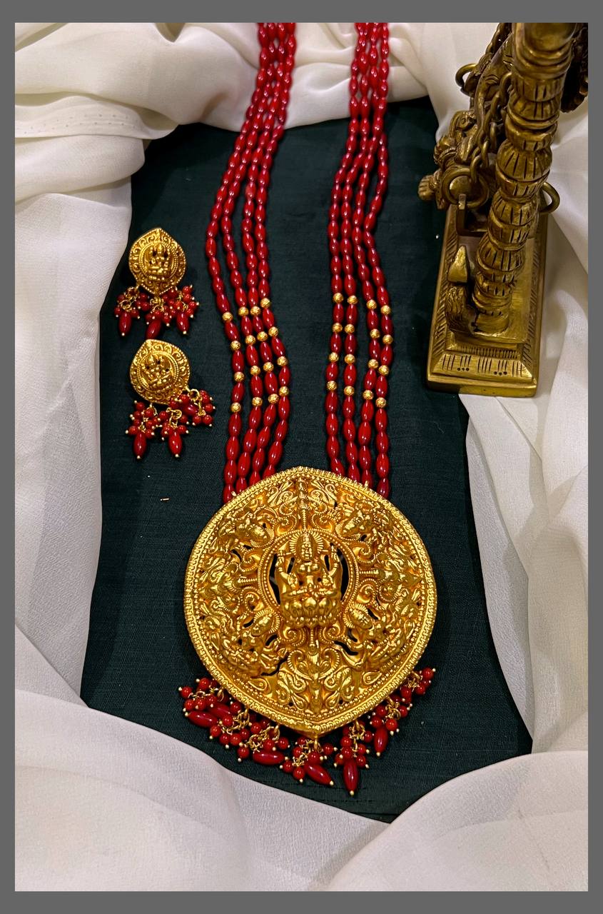 Coral Beads Haram With Lakshmi Pendant - PB00464