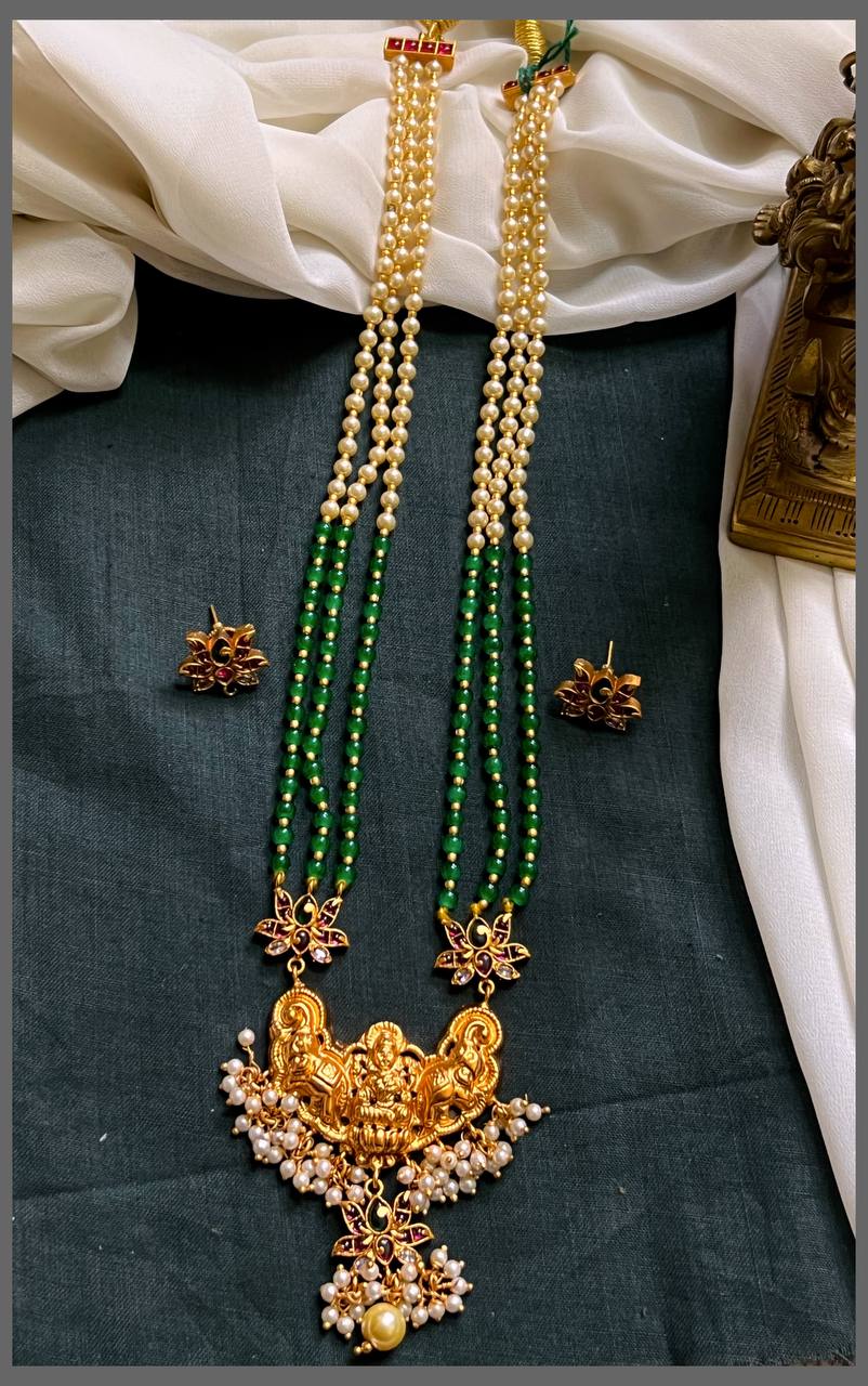 Green and White Pearl Haram With Lakshmi Pendant - PB00480