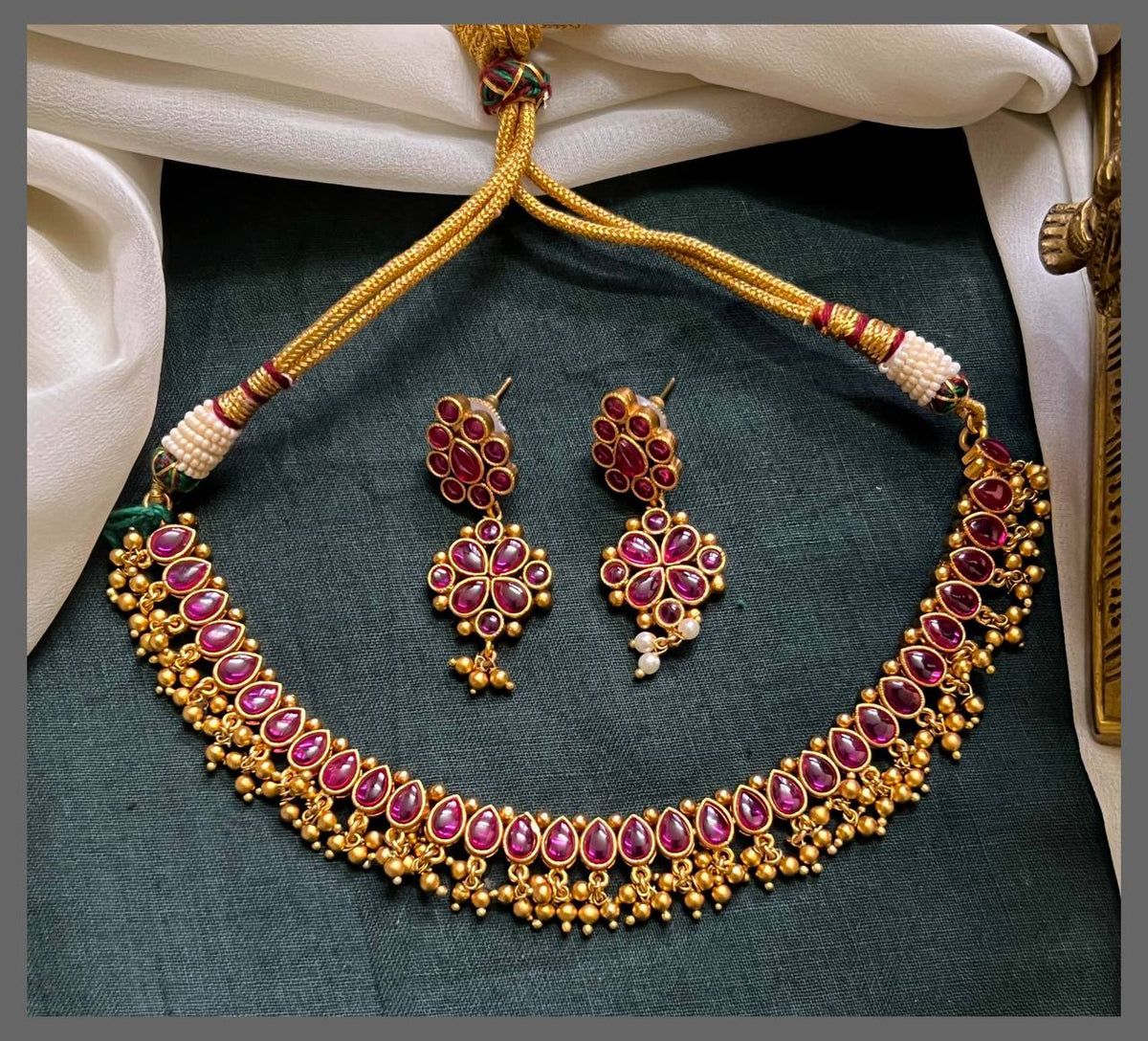 Ruby Necklace With Earrings In Naskhi - NN00733