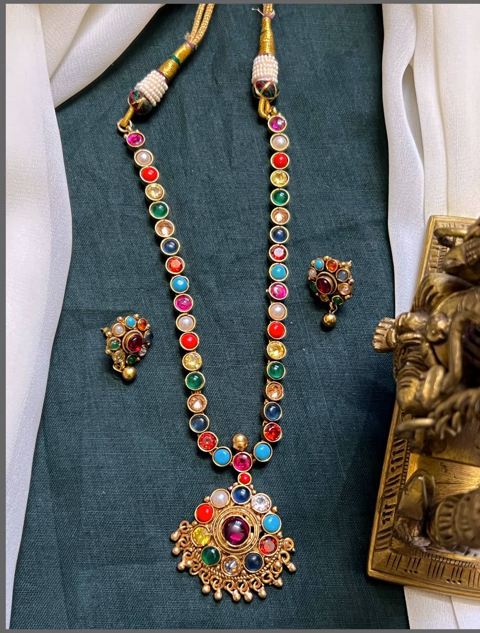Navratna Stone Necklace In Nakshi - NN00735
