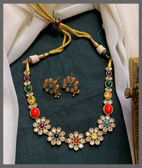 Multicolour Stone Flower Necklace In Nakshi - NN00738