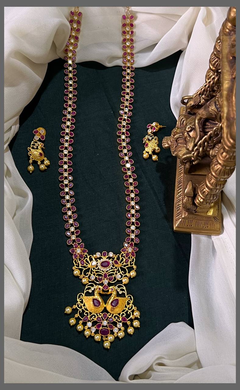 Ruby and White Stone Flower Haram In Nakshi - NH00368