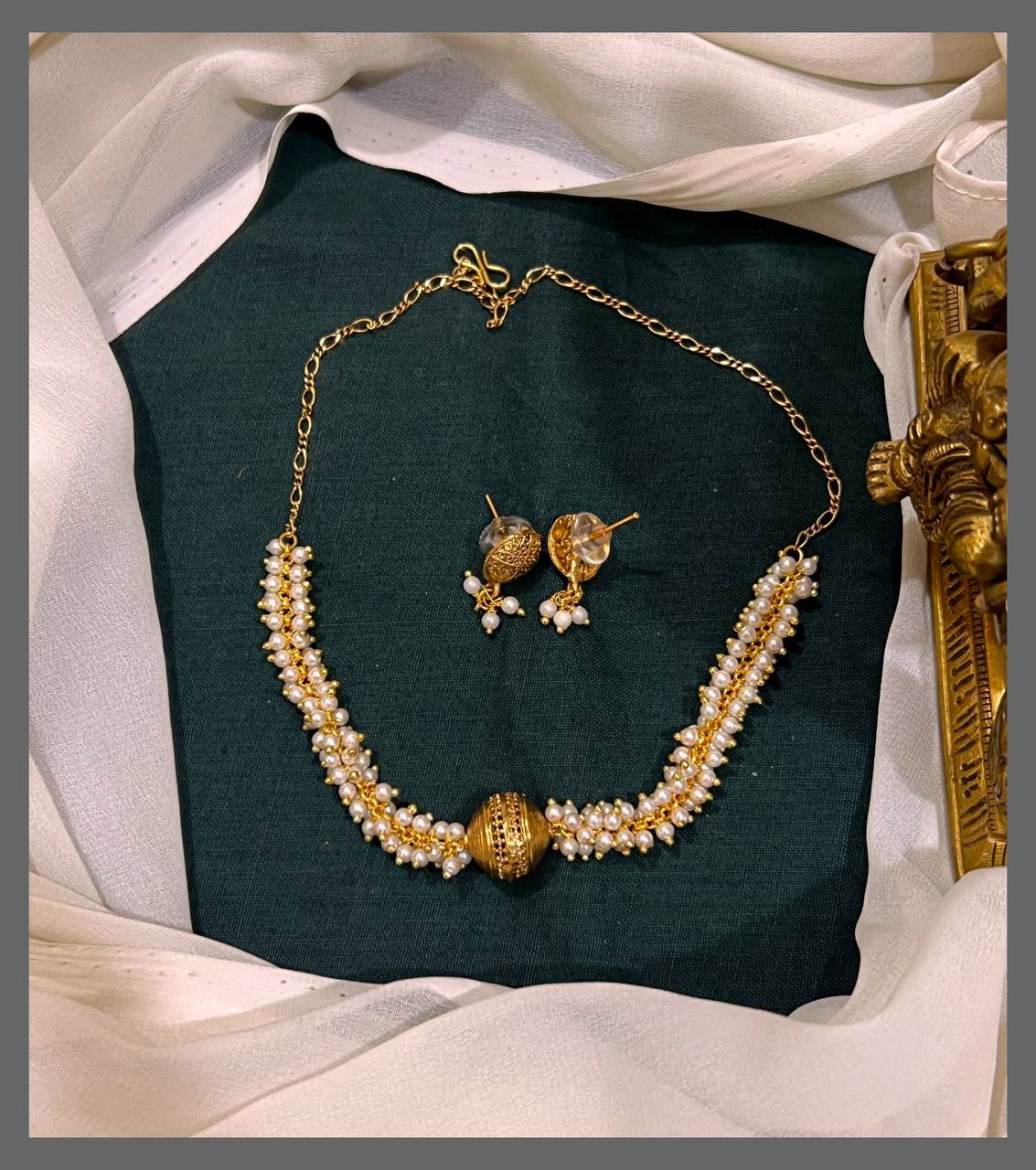 White Pearl Necklace with Gold Beads In Nakshi - PB00488