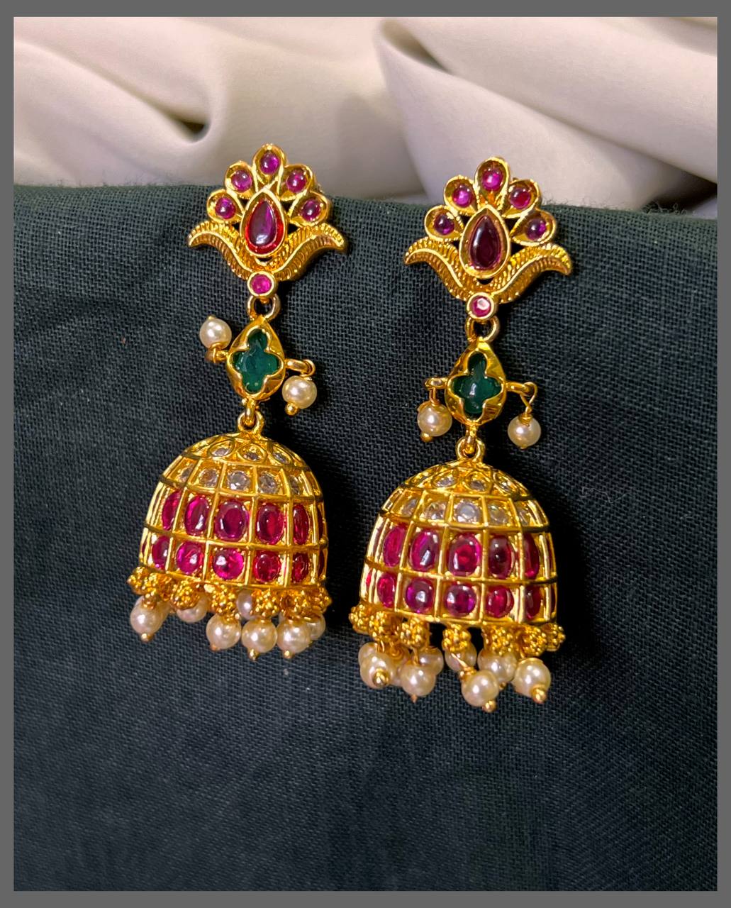 Ruby Flower Jhumki in Nakshi Earring - NE00604