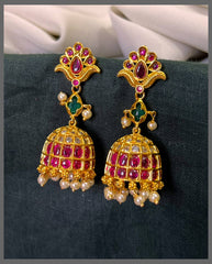 Ruby Flower Jhumki in Nakshi Earring - NE00604