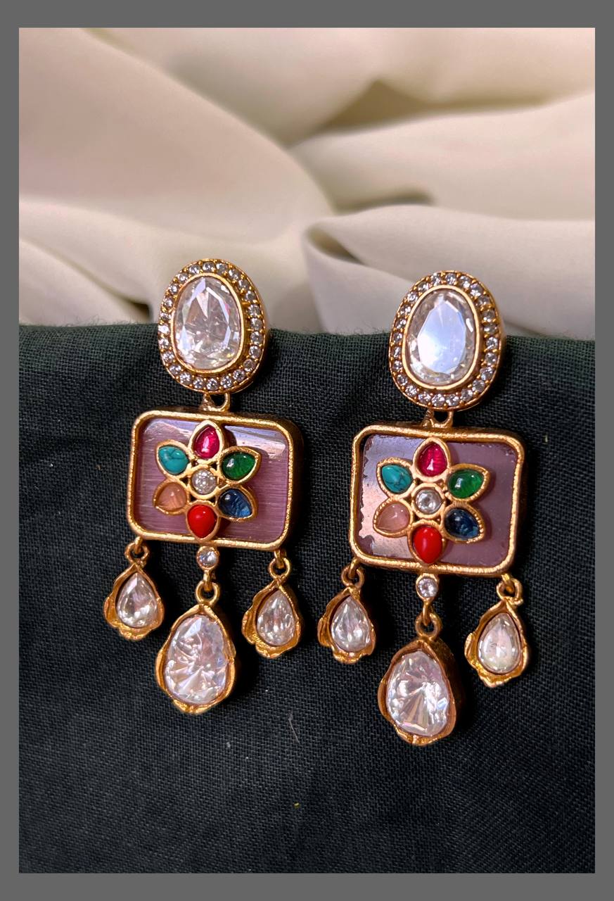White Stone Stud with Multi colour Flower Hungging Earring in Kundan -KE00554