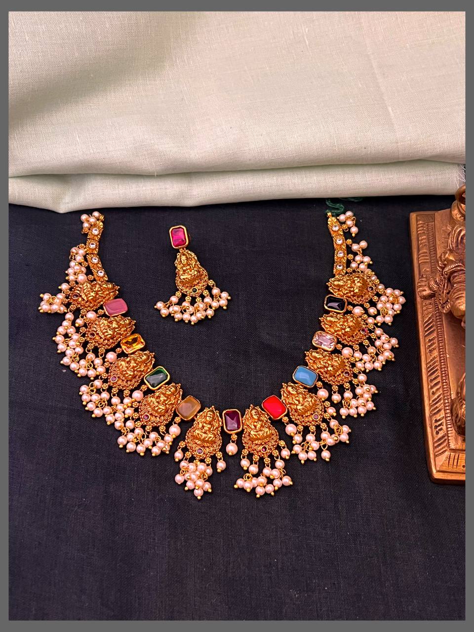 Beautiful Lakshmi and Navratna Stones Necklace In Nakshi - NN00783