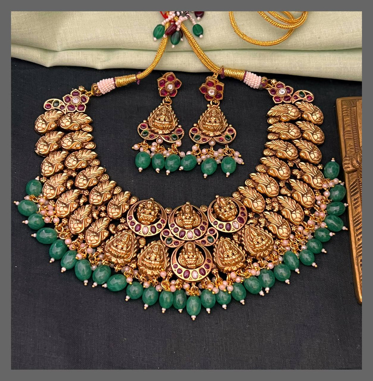Double Layer Lakshmi and Peacock Necklace With Emerald Beads - NN00788