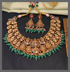 Double Layer Lakshmi and Peacock Necklace With Emerald Beads - NN00788