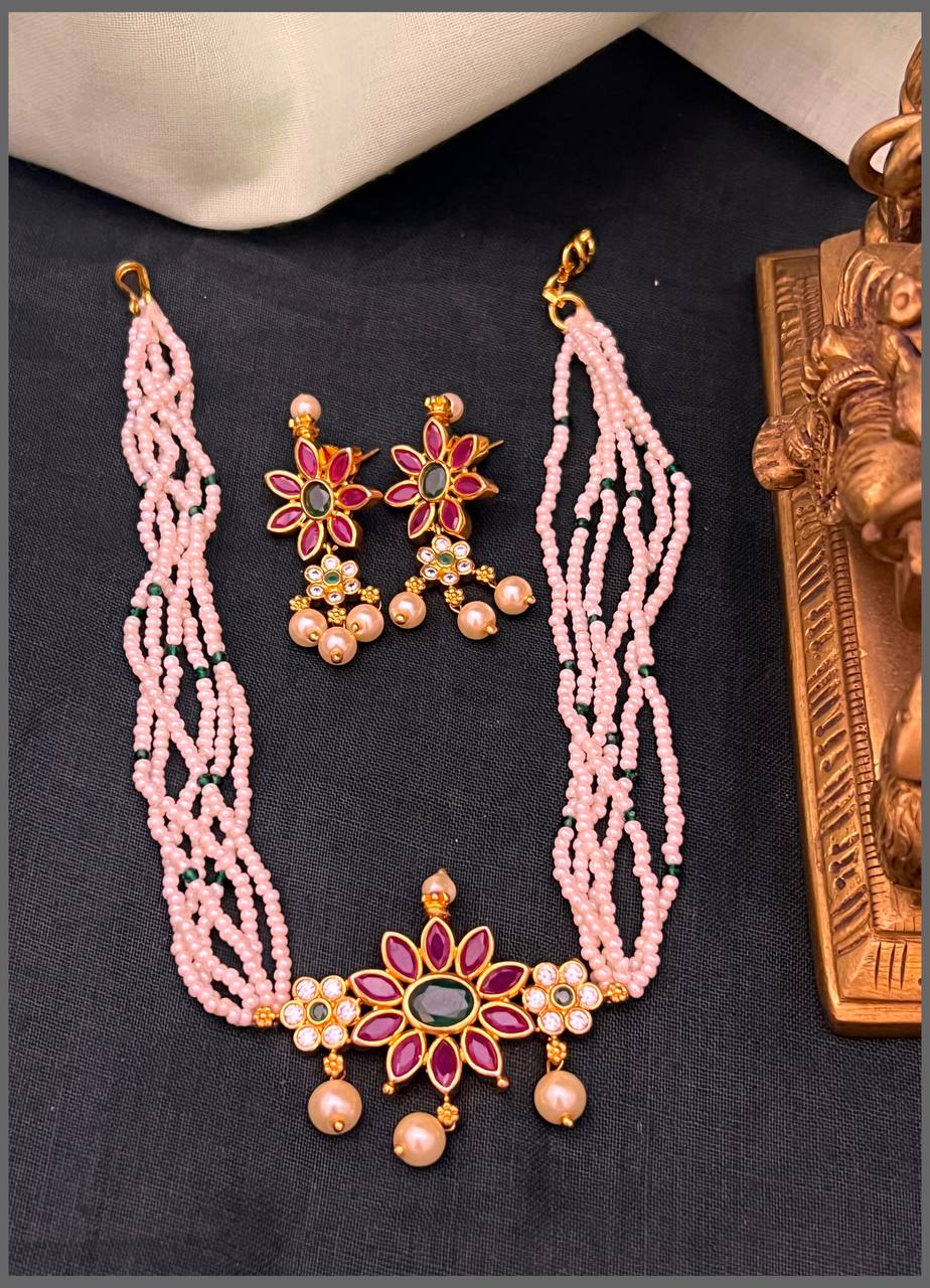 White Pearl Necklace With Flower Pendant For KIds - PB00509