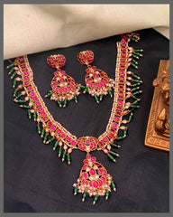 Beautiful Ruby Kundan Necklace With Emerald Beads - KN00558