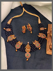 Beautiful Lakshmi and Peacock Pendant In Black Dori - BD00125