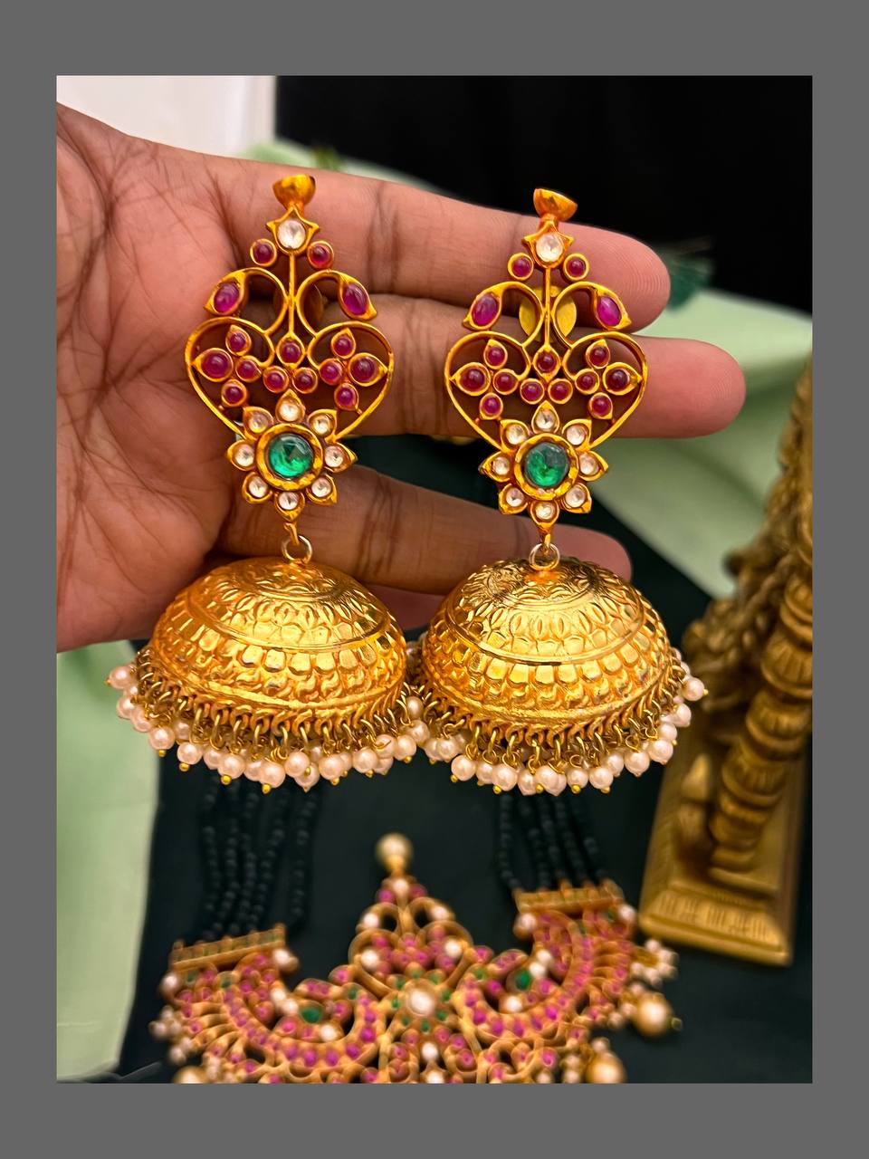 Emerald Beads Haram With Kundan Pendant and Jhumki - PB00511