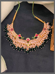 White Stone Peacock Kundan Necklace With Pearls - KN00561